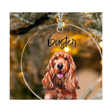 A clear ornament with a brown dog and their name painted on