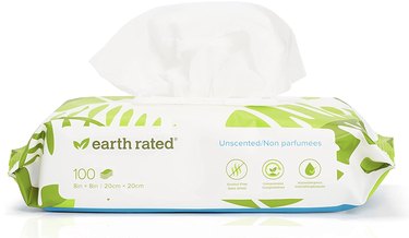 Pack of Earth Rated dog wipes against white background.