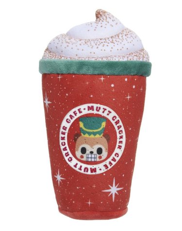 BARK plush dog toy shaped like a holiday latte with fake foam and a label that says Cafe Mutt Cracker.