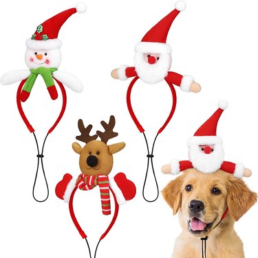Pedgot 3-Pack of Pet Christmas Headbands including a reindeer, snowman and Santa.