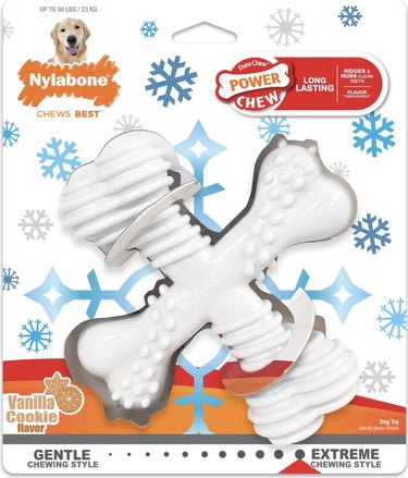 Two Nylabone bone-shaped dog chew toys in vanilla cookie flavor.