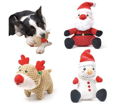 3-pack of durable holiday-themed dog toys including Rudolph, Santa and Frosty.