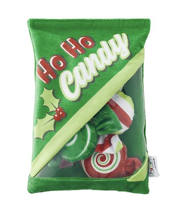 Plush dog toy shaped like a green bag of "Ho Ho Candy" with removeable candy-shaped toys inside.