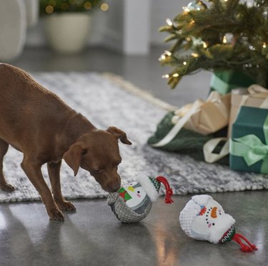 Penguin and snowman-shaped squeaky toys that are rounded and have ropes on the tops of their hats.