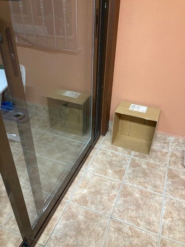 A box is reflected in a glass door. A cat lines up with the reflection, making it look like the cat is in the box.