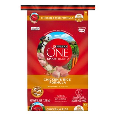 A red bag of Purina ONE Natural SmartBlend Chicken & Rice Formula Dry Dog Food