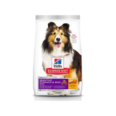 A bag of Hill's Science Diet Dry Dog Food, Adult, Sensitive Stomach & Skin Recipes with a collie on the front of it