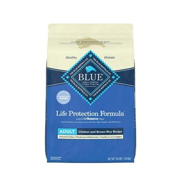 A blue and white bag of Blue Buffalo Life Protection Formula Natural Adult Dry Dog Food