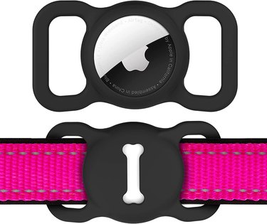 Black silicone Air Tag holder that slips over a dog's collar and has a bone motif on it.