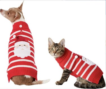 Red and white striped pet sweaters with Santa's cartoon face on the back and a 3D pompom atop his hat.