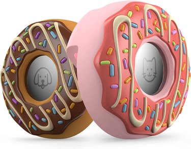 Two Air Tag holders for pets that look like donuts. One is pink with sprinkles and the other is brown (like chocolate) with sprinkles.
