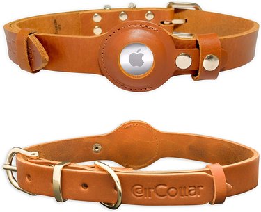 Two views of a brown leather pet collar with an AirTag holder built in and brass-finished hardware.