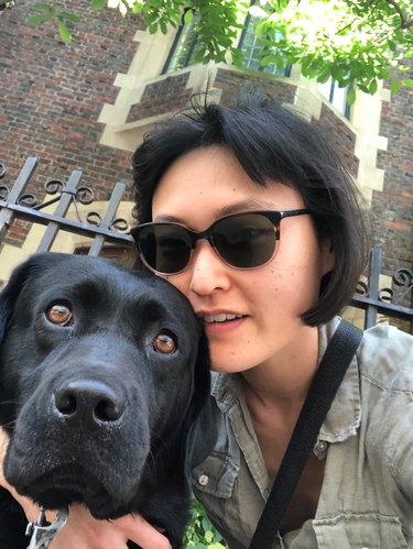 dog embarrassed by selfie with human