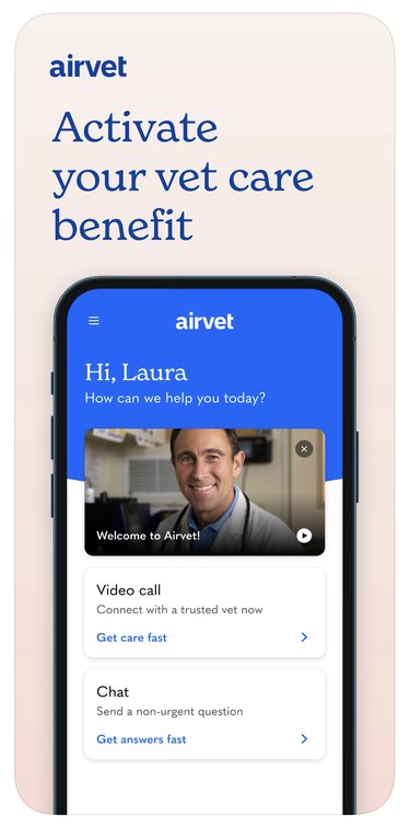 Airvet app screenshot of a page that says, "activate your vet care benefit" with a photo of a veterinarian contact.