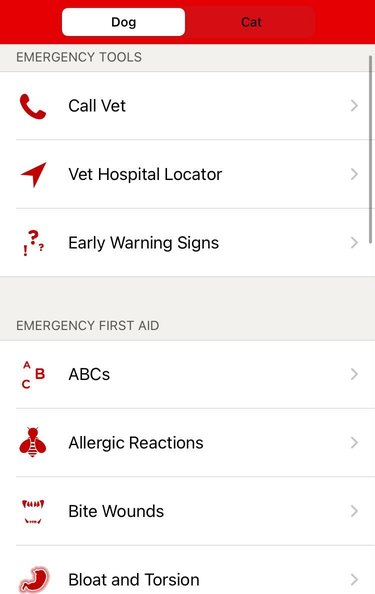 Screenshot of a pet first aid app menu with options to call a veterinarian and symtoms search.
