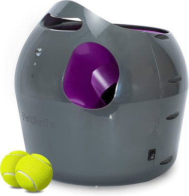 Dog ball launcher in gray and purple pictured with tennis balls.