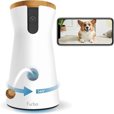Furbo 360-degree rotating dog camera with treat dispensing and app capabilities.