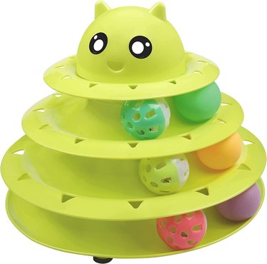 Three-tier cat ball roller toy in green.