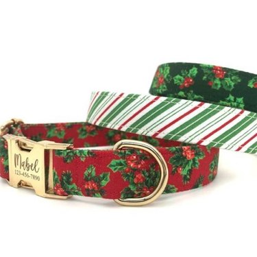 Three personalized Christmas Cat Collars with Bells in holly, and stripes designs