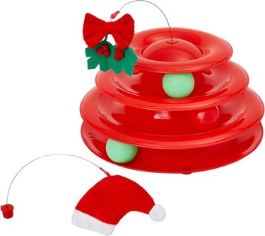 Christmas-themed cat tracks toy with Santa hat and mistletoe wands.
