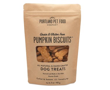 5-ounce bag of grain- and gluten-free pumpkin dog biscuits in the shape of dog bones.