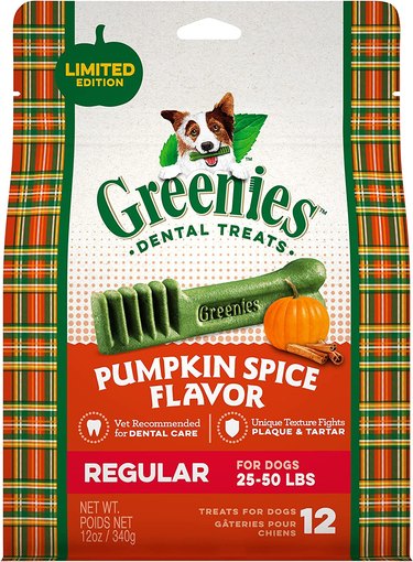 Greenies pumpkin spice flavor dental dog treats in size regular (12 per bag).