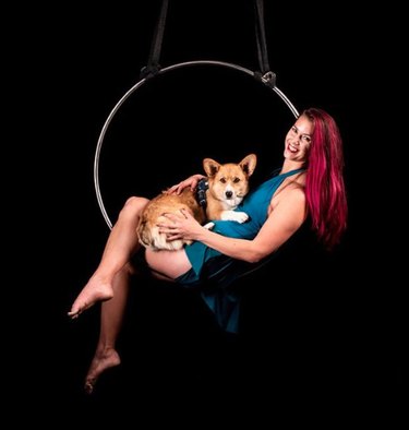 A smiling woman sits in an aerial hoop with a corgi in her lap.