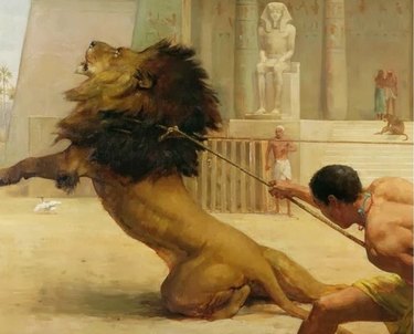 Painting of gladiator lassoing a lion.