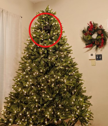 a black cat is hiding in the Christmas tree, towards the top