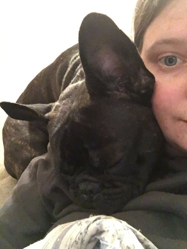 dog insists on cuddling right next to woman