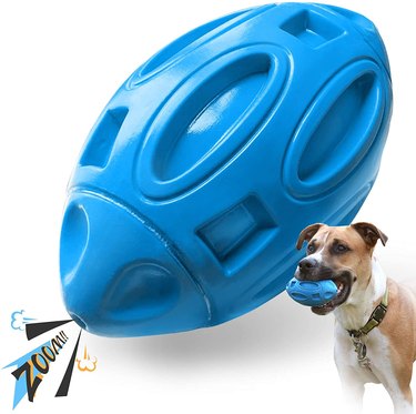Blue ball in dog's mouth