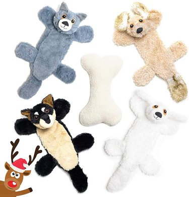 Five plush dog toys