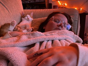 Ginger and white cat falls asleep on woman.