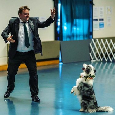 man teaches dog to dance