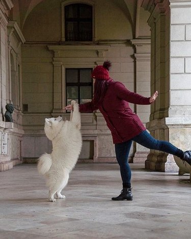 woman dances with dog