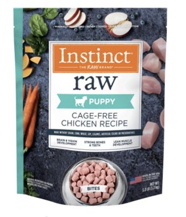 Three pound bag of Instinct Bites Chicken Recipe Grain-Free Cage-Free Raw Frozen Puppy Food
