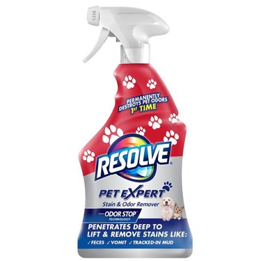 Spray bottle of Resolve Pet Stain and Odor Remover