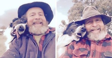 Two side by side photos of a smiling man taking selfies with his happy dog.