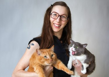 cats pose reluctantly for family portrait.