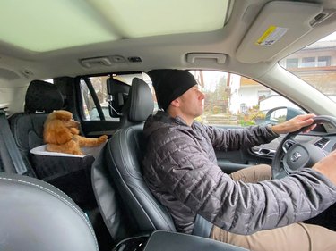 man driving car with dog in backseat