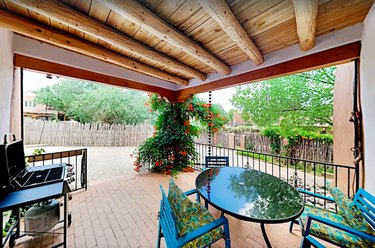 A view of the covered patio and grill at Casa Colibri in Santa Fe, NM.