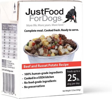 Container of JustFoodForDogs PantryFresh Dog Food in Beef and Russet Potato Recipe