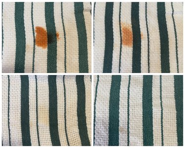Four photos showing the progression of stain removal using ZOOP product on a white and green striped kitchen towel.