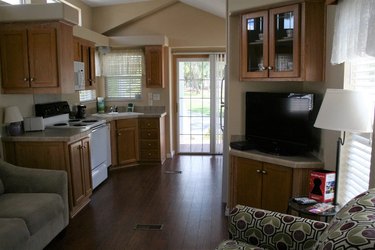 Simple and clean kitchen and living area in cottage rental near Orlando, FL.