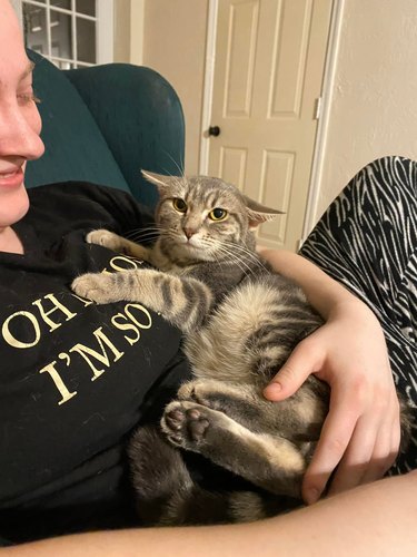 A woman cradles a grumpy looking cat with "airplane" ears.