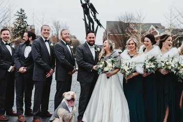 dog laughs during wedding picture