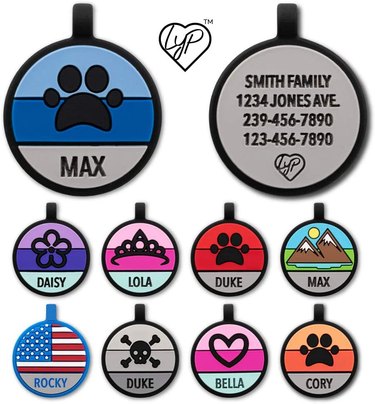 Love Your Pets silicone tags in a variety of styles and colors