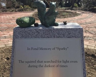 Statue of squirrel atop plinth with plaque that reads: In Fond Memory of "Sparky" - The squirrel that searched for light even during the darkest of times