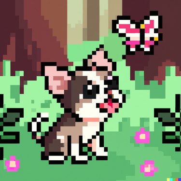 pixel art of cute chihuahua looking at a butterfly in a forest