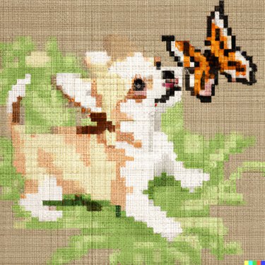 cross stitch style art of chihuahua looking at a butterfly in grass